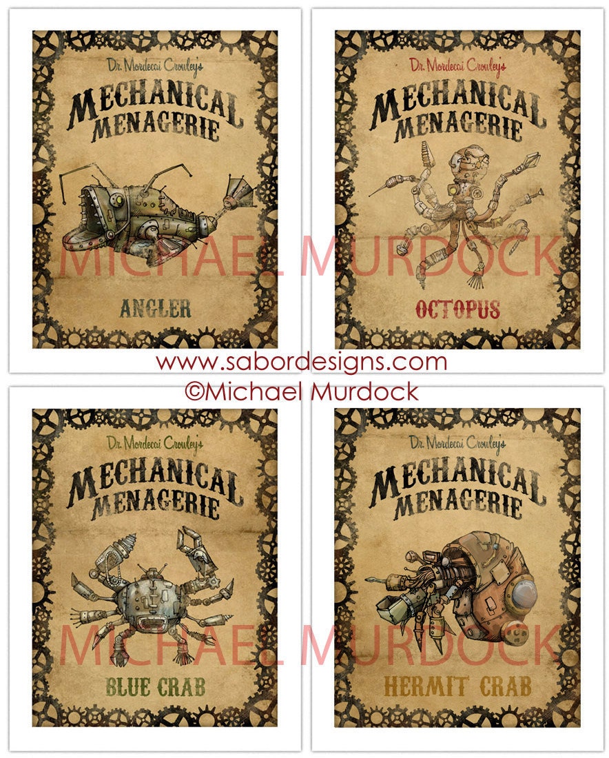 Steampunk creatures art prints 11x14- 4 pack Vintage robots