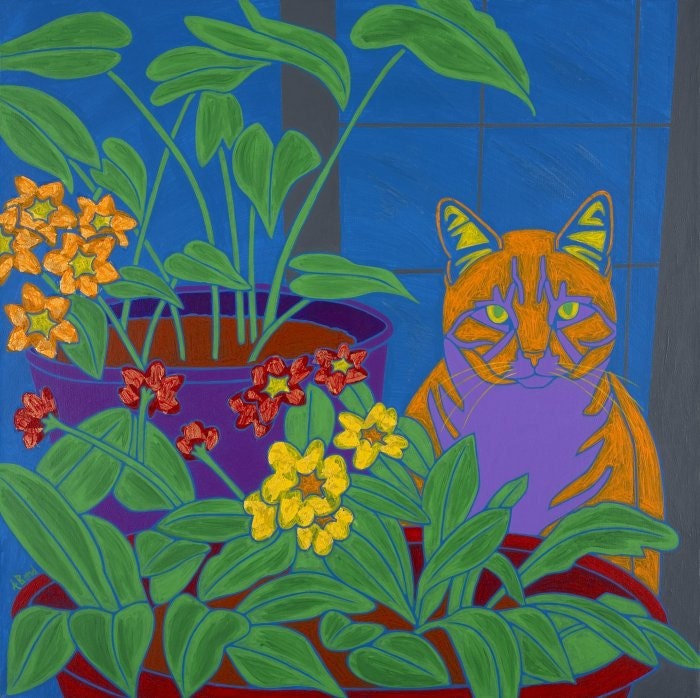 Tabby by the Window - Tabby Cat Art- Flowers - Tabby Cat - by dogpopart