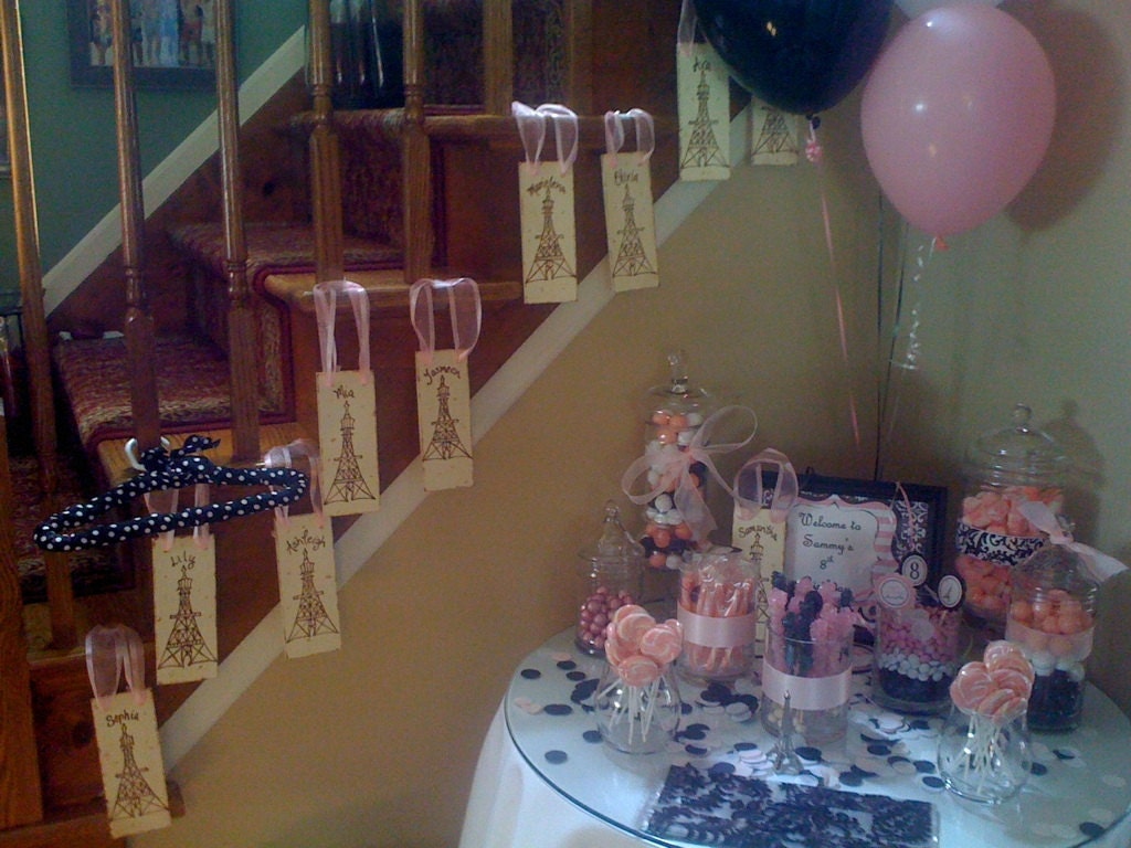 PARIS Personalized Party Favors Set of 10 Rustic Elegance Eiffel Tower with Each Girl's Name and Beautiful Pink Ribbon