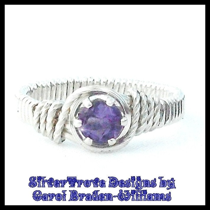 Sterling Silver Dark Amethyst Size 4 Ring Wire Sculpted Pinkie February Birthstone 0.2CT Solitaire - IN STOCK