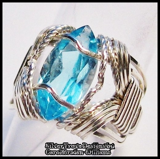 Swiss Blue Topaz Sterling Silver Size 5 1/2 Ring Argentium Wire Wrapped Marquise Gemstone - IN STOCK