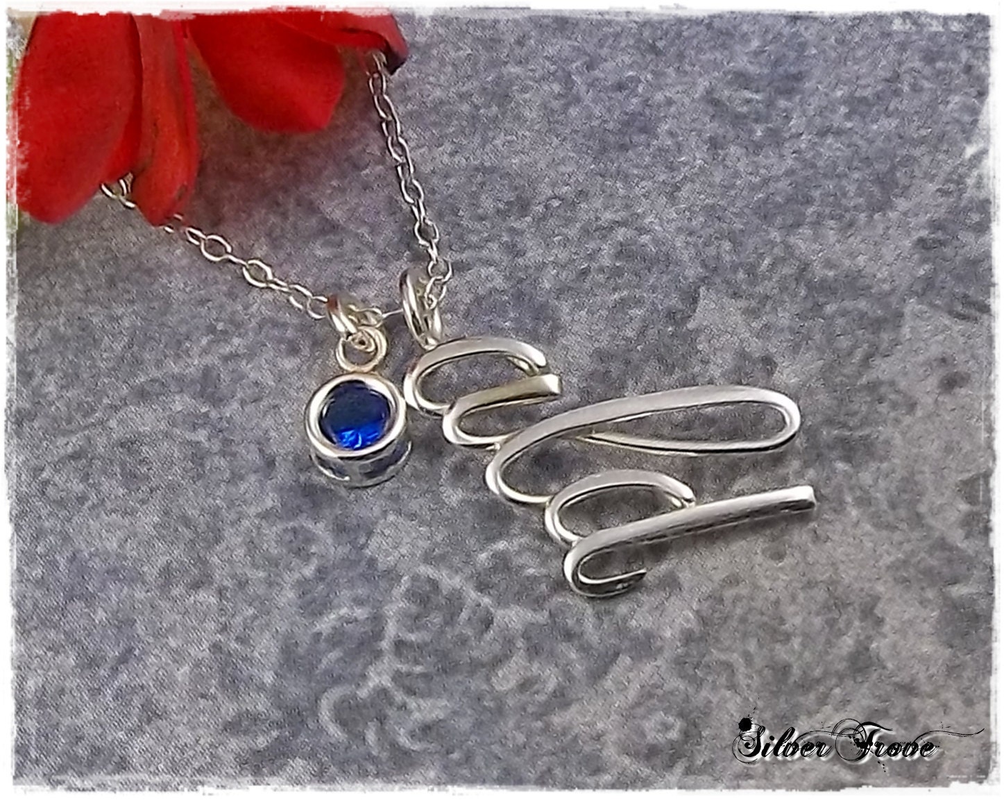 Personalized Sterling Silver Calligraphy Script Birthstone Initial Pendant on a Cable Chain With Handmade Clasp