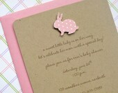 baby shower invitation girls 100% recycled kraft, handmade, pink polka dot baby bunny - set of 8 invitations
