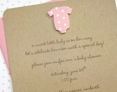 girl baby shower invitation, 100% recycled kraft, handmade, pink polka dot onesie