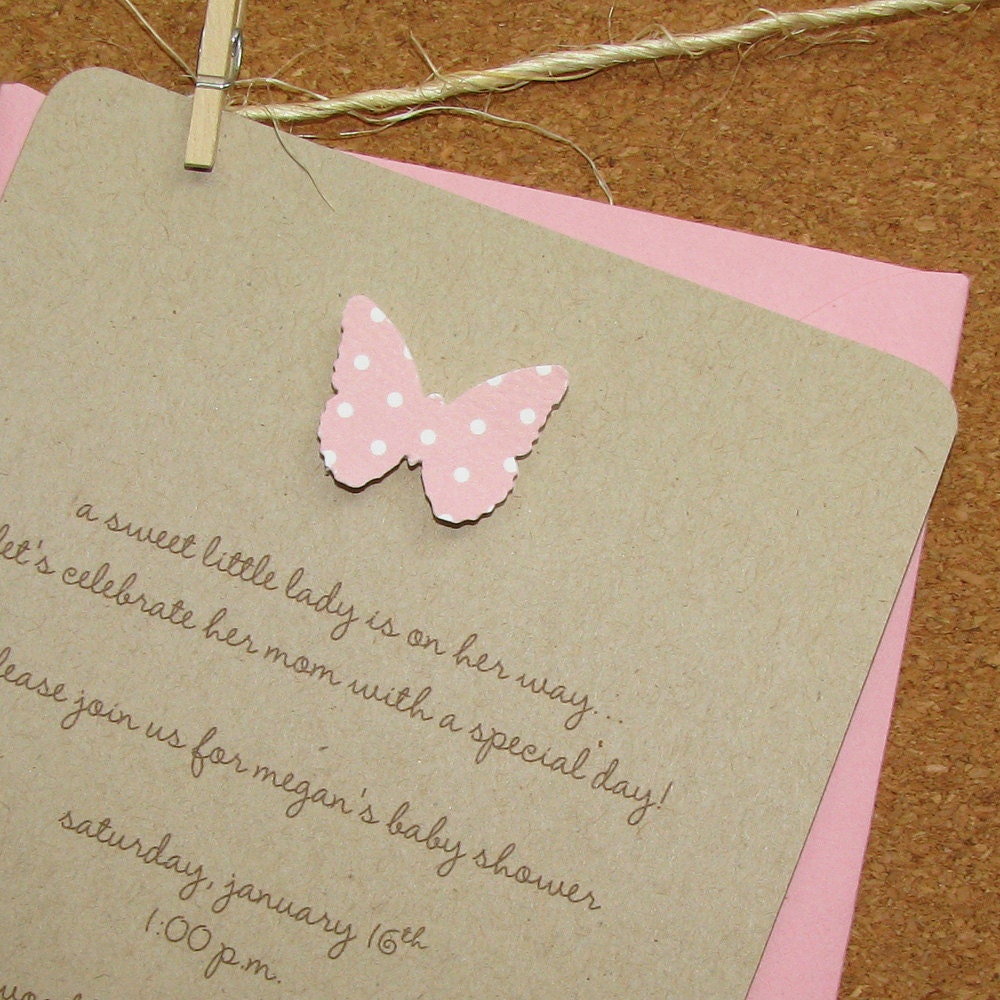 handmade girl baby shower invitations blossom pink butterfly, handmade, 100% recycled kraft cardstock - set of 8
