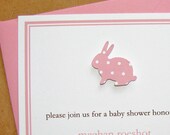 girls baby shower invitation heavy cotton cardstock, blossom pink bunny, handmade  - set of 8