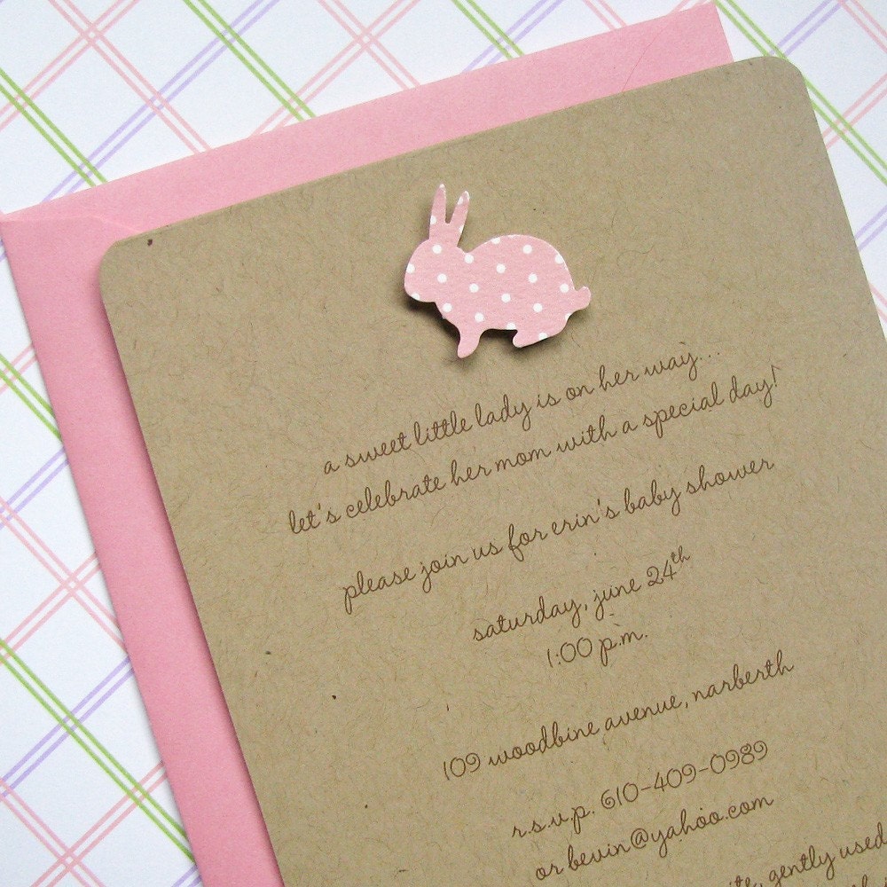 baby shower invitation girls 100% recycled kraft, handmade, pink polka dot baby bunny - set of 8 invitations