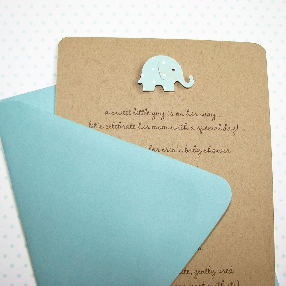 girls baby shower invitation blossom pink polka dot elephant, 100% recycled kraft stock  - set of 8