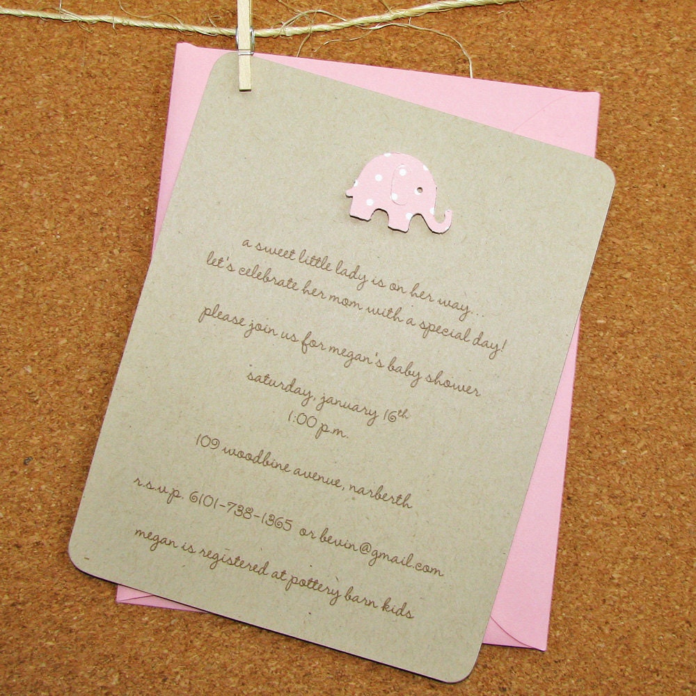girls baby shower invitation blossom pink polka dot elephant, 100% recycled kraft stock  - set of 8