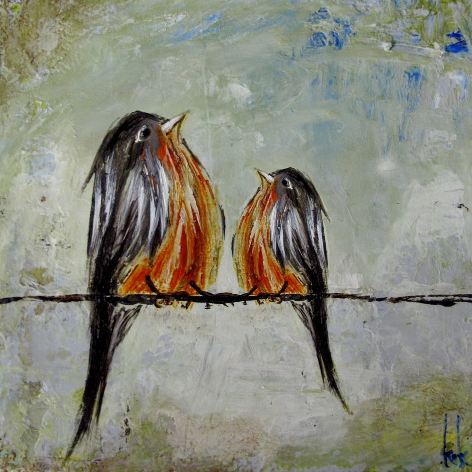 Mama and Me (5x7 or 6x6 Print of Robins on a wire warm colors)