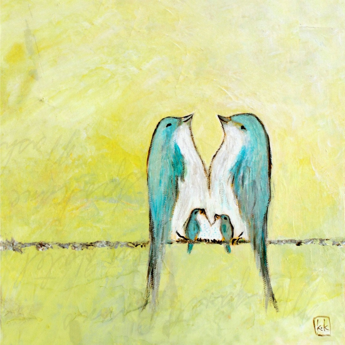 Laughter in the Lemon Drop Sky (8x10 fine art print bluebirds with two baby birds on a wire)