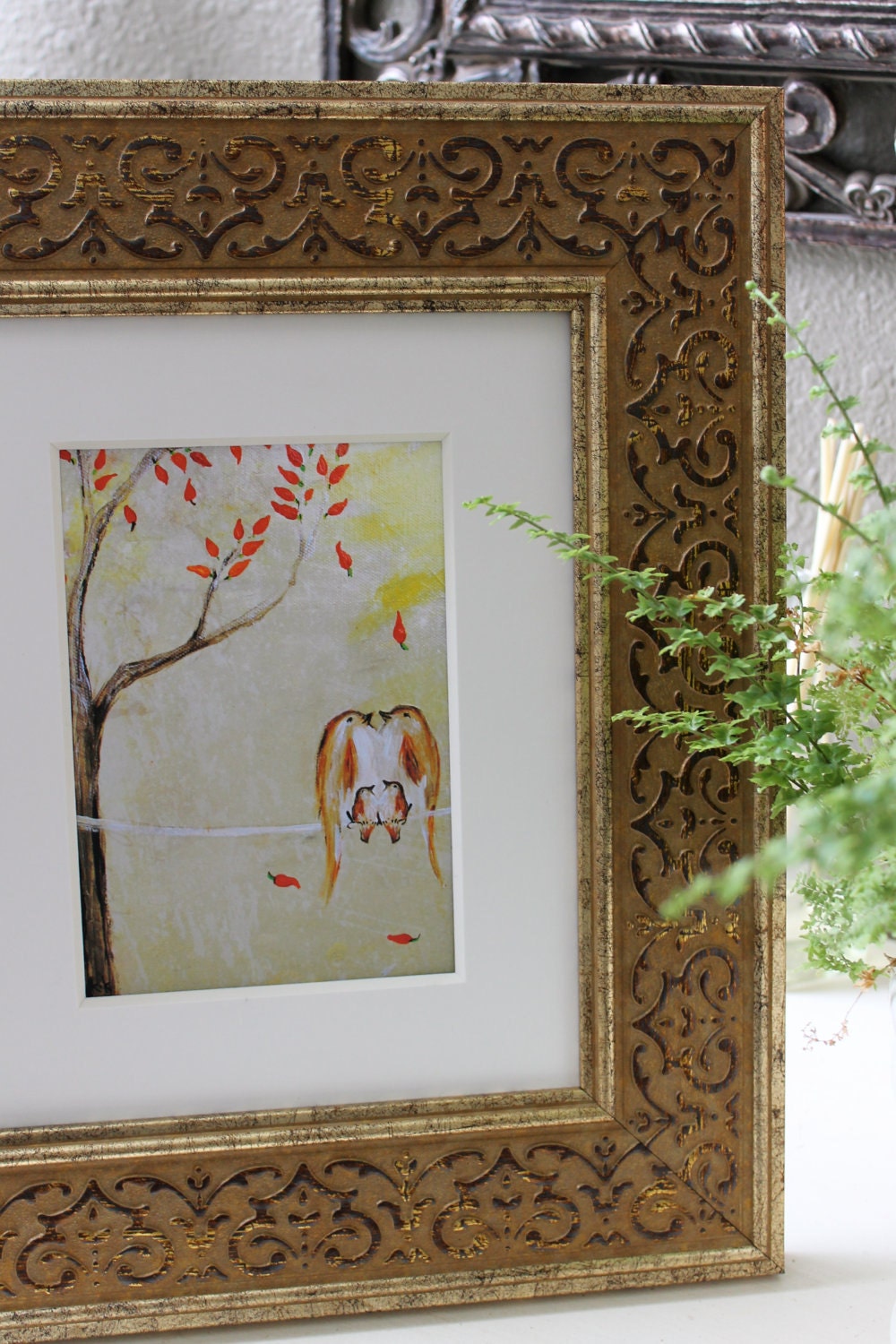 Love Beneath the Chili Pepper Tree (8x10 Print of bird family with two babies on a wire warm colors)
