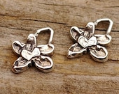 Two Flower Charms w Heart in Sterling Silver