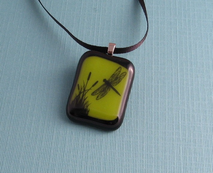 Fused Glass Pendant Necklace- Dragonfly World