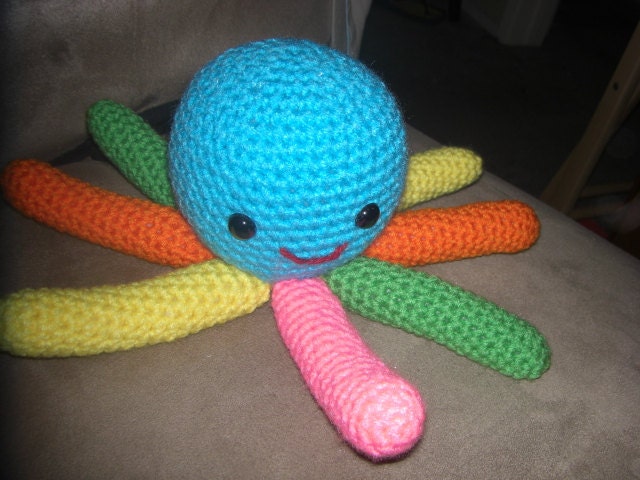Octopus Plush Toy, Amigurumi Octopod, Turquoise and Neon Colors