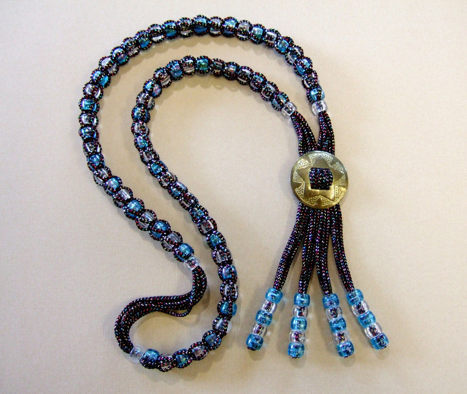 Handbeaded, Boho Tribal Necklace, Brass Disk, Iridescent, Glittery, Multicolor, Clear Plastic Beads