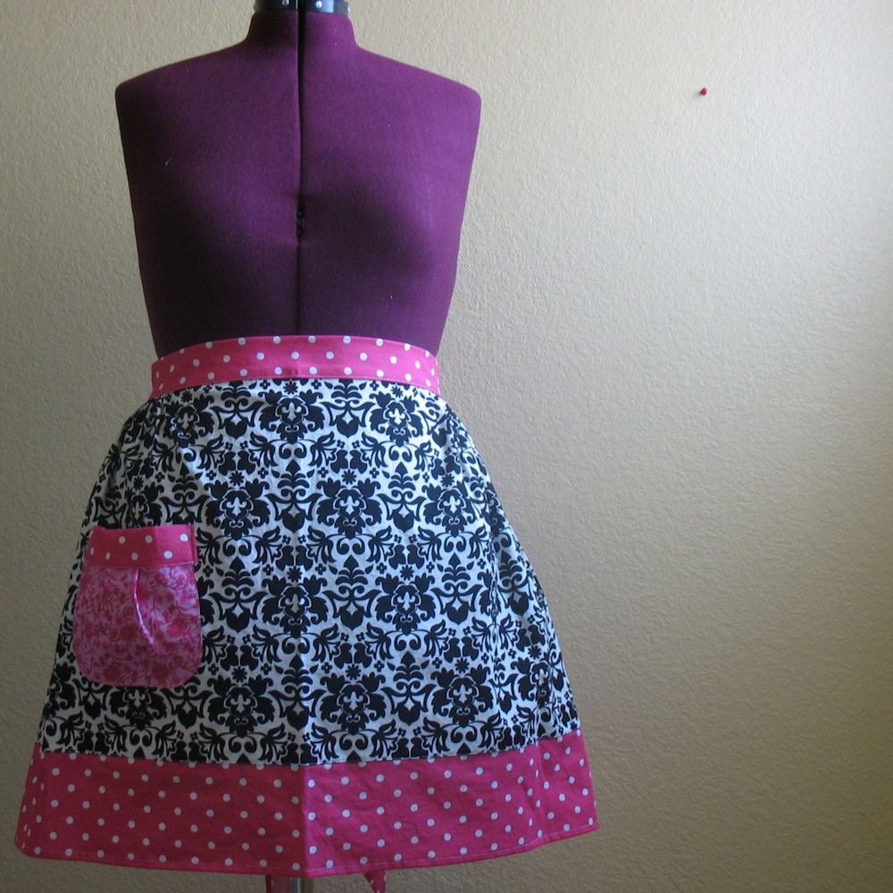 Black Damask and Pink Polkadot Retro Half Apron