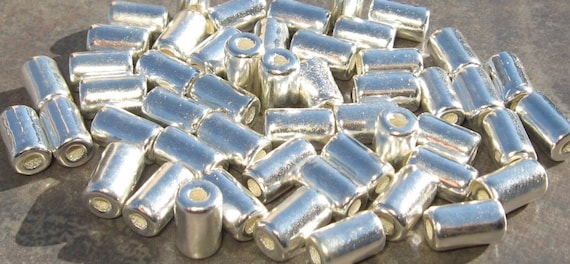 SILVER Mykonos Greek Ceramic Beads SMALL TUBES - Barrels Large Holed Metalized 6x10mm Beads