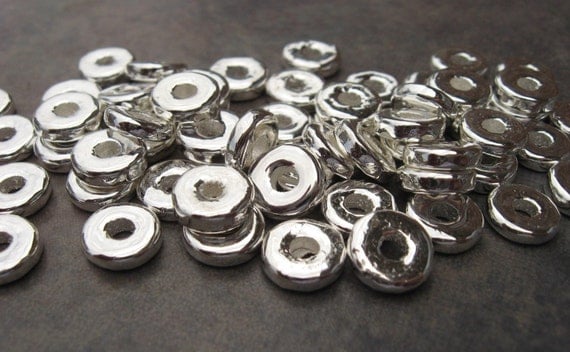 25 SILVER Greek Ceramic Beads Metalized 8mm Round Washer - Disk  Beads