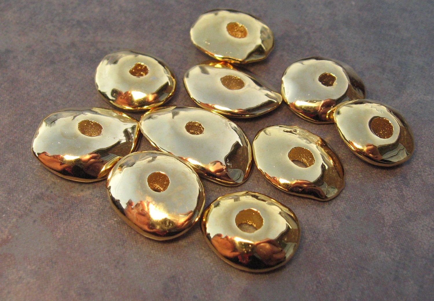 4 Mykonos Greek Ceramic Beads 24k GOLD 13mm CORNFLAKES - Chunky Chips Metalized Beads