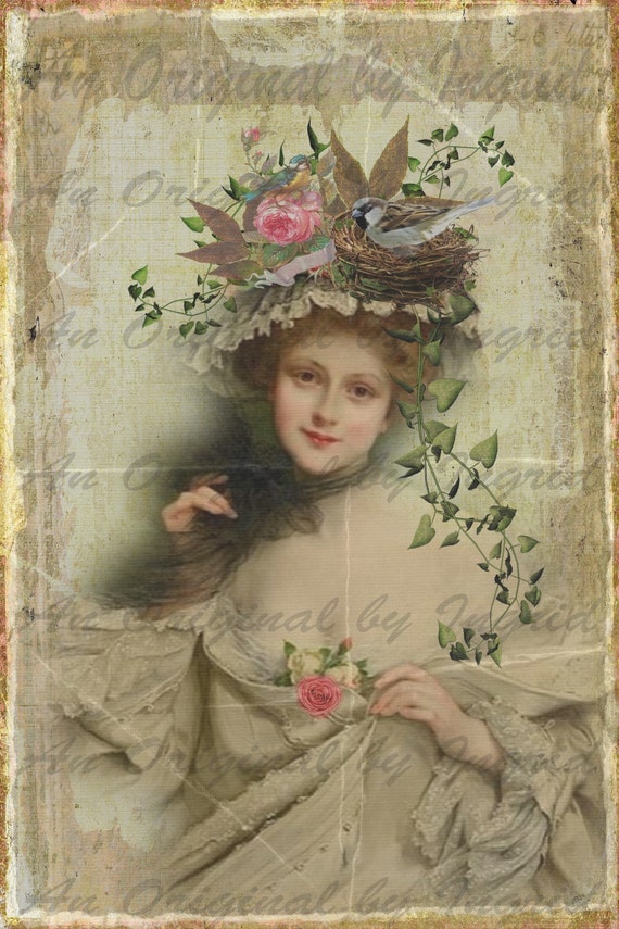 Lady with Hat Nest Digital Collage Greeting Card (Suitable for Framing)