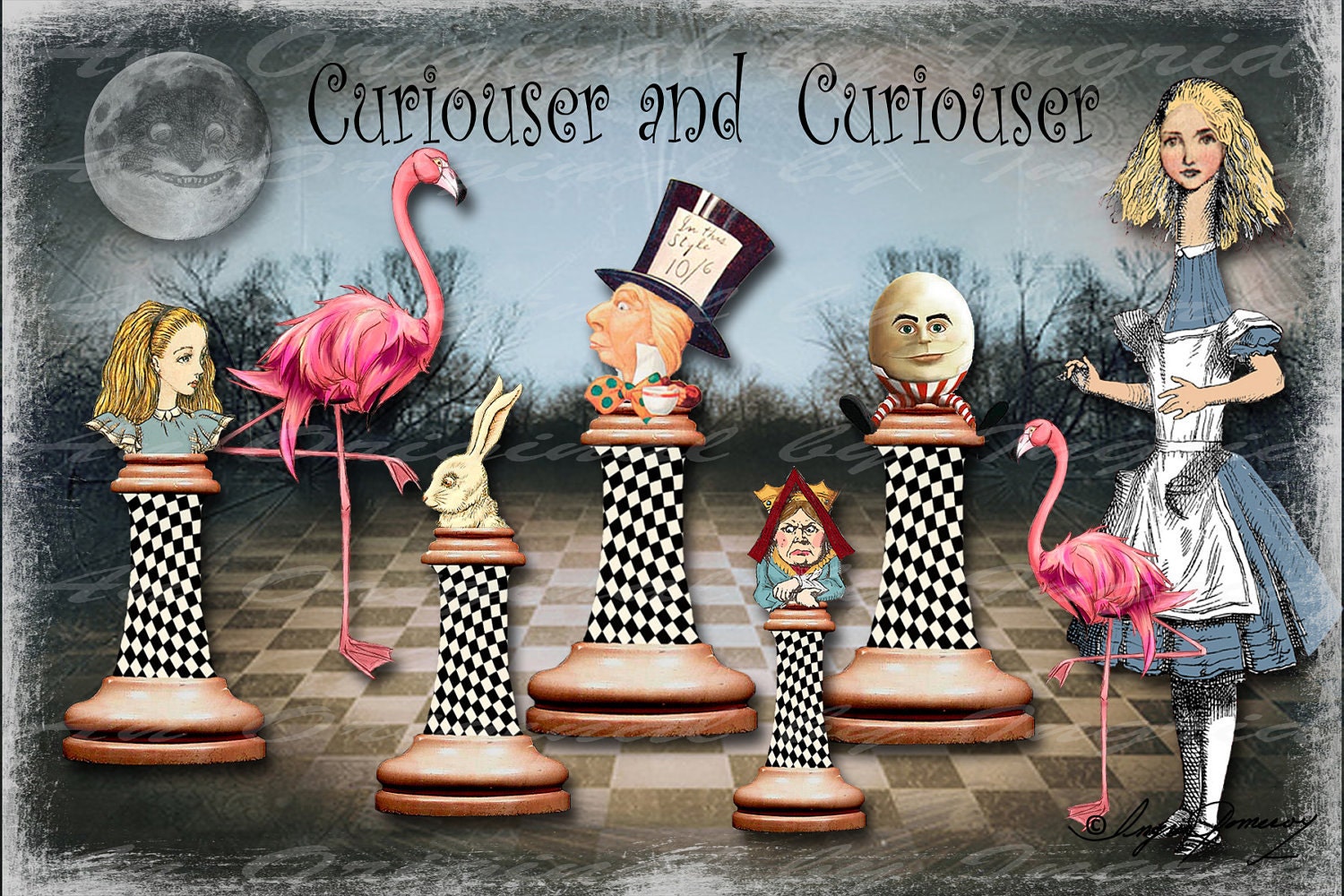 Alice and the Chess Game Digital Collage Greeting Card (Suitable for Framing)