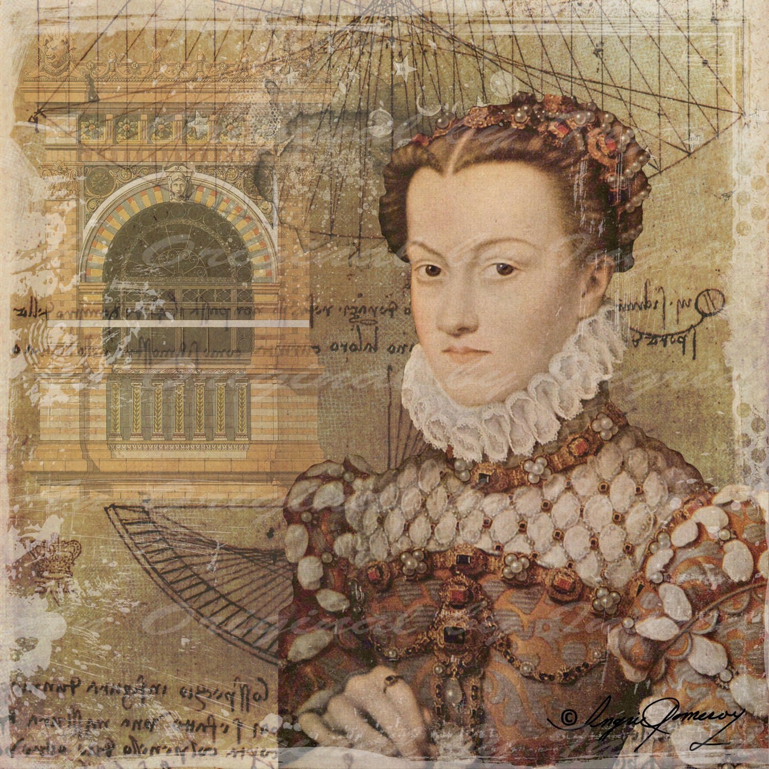 Renaissance Maiden Digital Collage Greeting Card (Suitable for Framing)