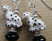 SALE Dalmation and Black Onyx Bead Sterling Silver Earrings - Bud