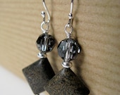 SALE Midnight Grey Stone and Swarovski Crystal Sterling Silver Earrings