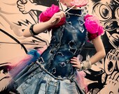 Up-Cycled Denim Tutu Dress The Hunger Games Effie Trinket Harajuku Queen of Hearts Wonderland Prom Dress by Janice Louise Miller