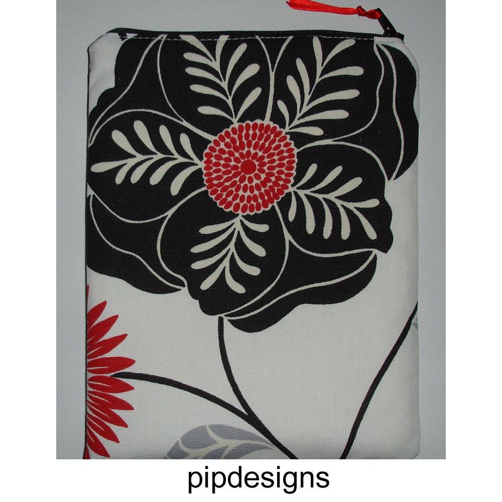 iPad or iPad 2 Sleeve Case Padded Zippered Black Red Flower