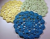 Doily dishcloths - yellow, green, and blue -  soft cotton, set of 3 wash cloths