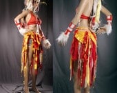 Tattered Wrap Skirt Belly Dance Apocalypse She Devil red and yellow. Drippy Long textured multi wear Capelet shawl or Skirt SALE