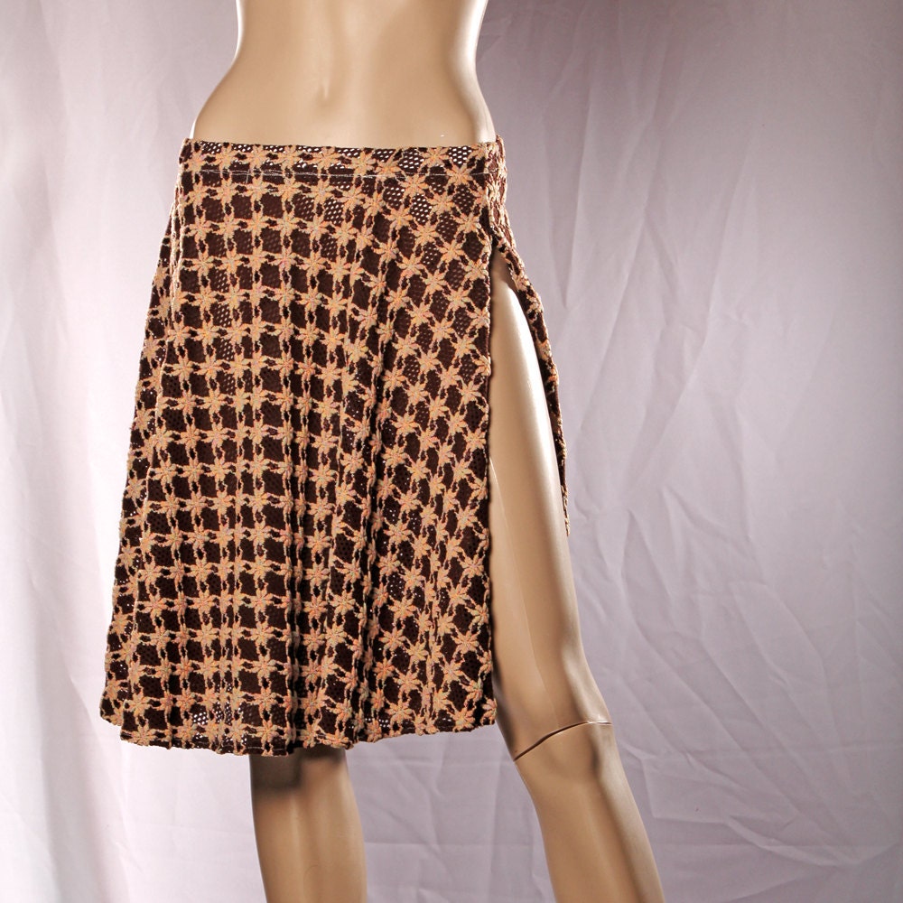 Gypsy Skirt chocolate brown slit leg flirty earth tone Knee length Mini dance skirt, embroidered flower print Hippy Boho Small Medium