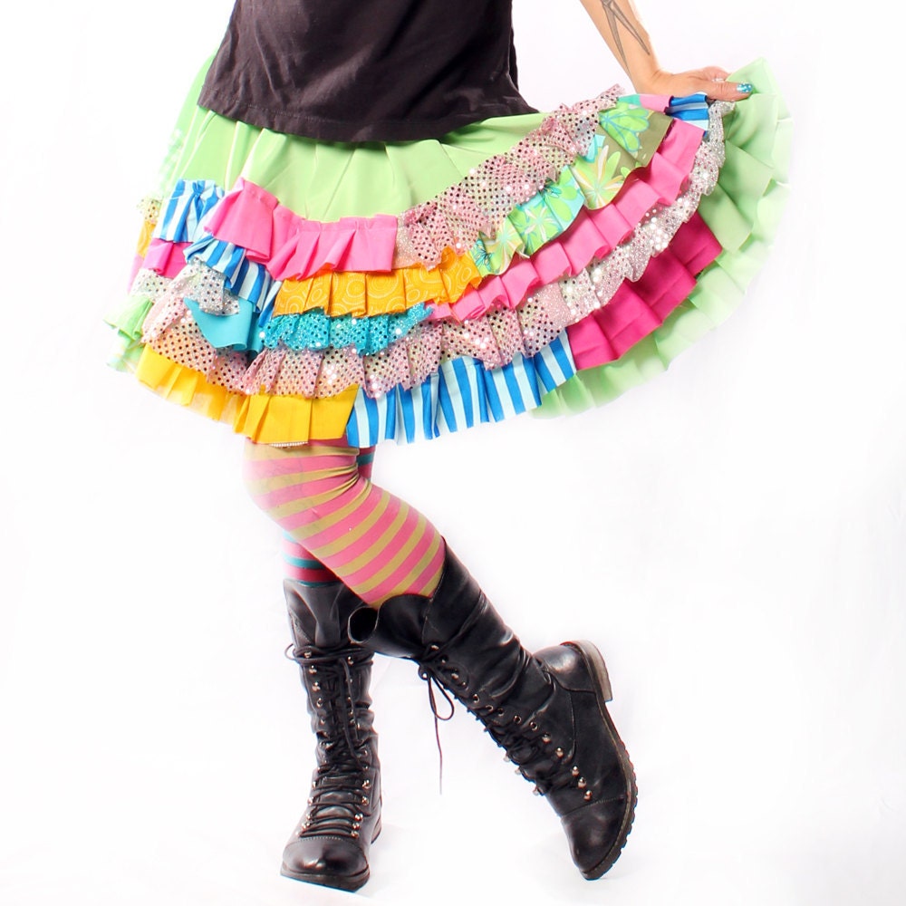 Carnival Skirt. Full Circle Delicious bright colors pink blue green yellow Flower Dots Stripes Patchwork Ruffles mini twirl Gothic Lolita