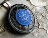 Vintage Button Necklace Delft Flower Blue Black Button Jewelry