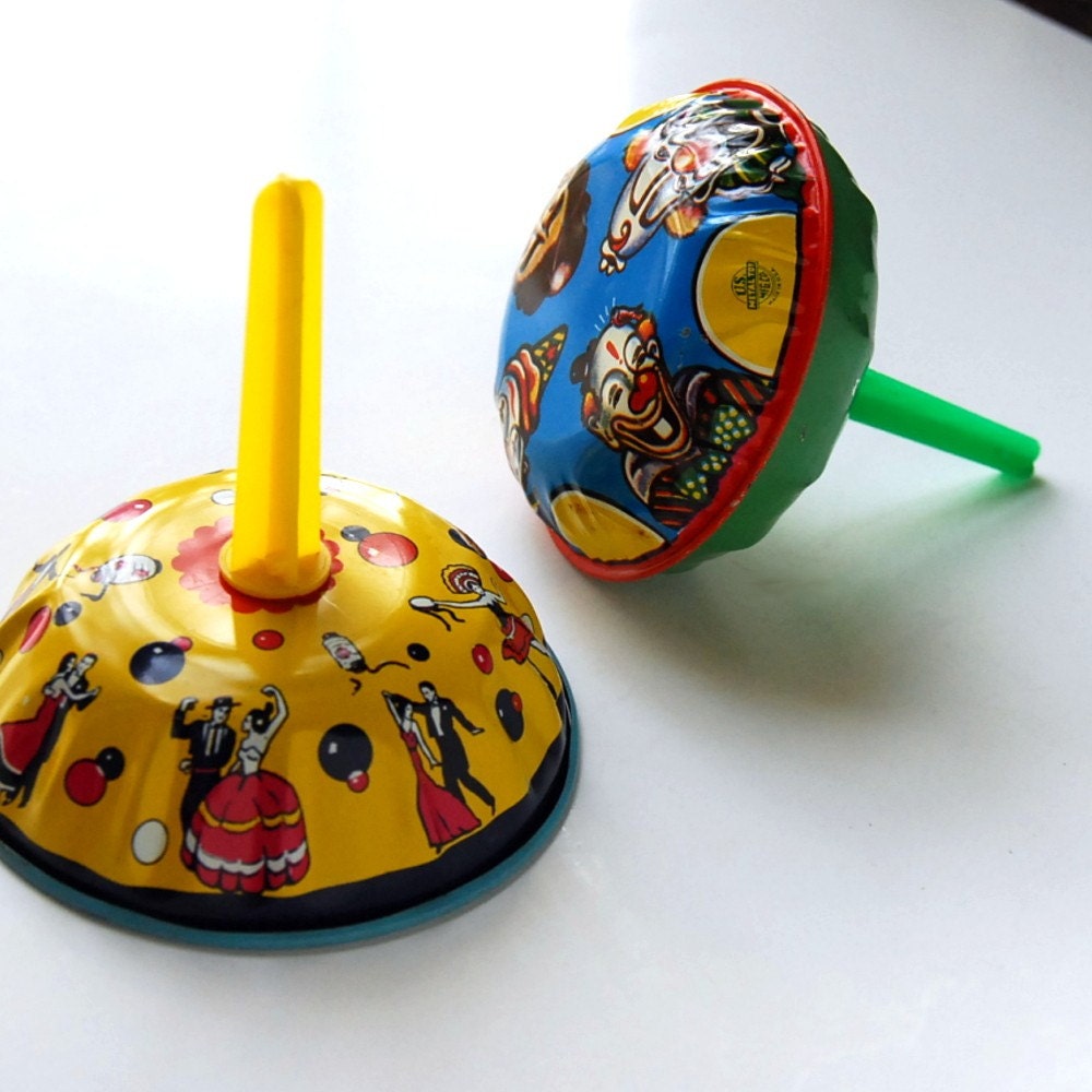 Vintage Toys Tin Noisemakers, Circa 1950s Toy Noise Makers Yellow Blue