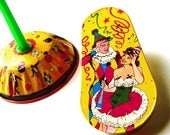 Vintage Toy Noisemakers 1950s Tin Litho Set of Two Noise Makers Yellow