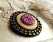 Vintage Button Brooch, Lavender Lattice Celluloid Button Jewelry Purple Brown