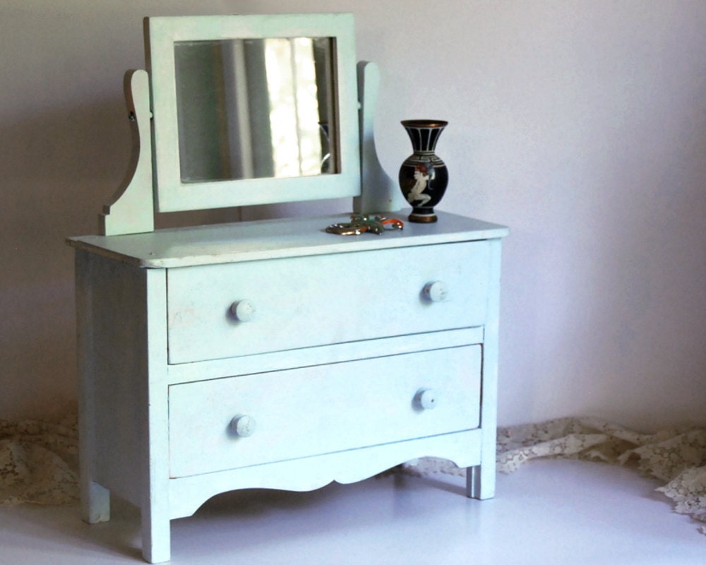 Vintage Toy Doll Dresser Cottage Chic Miniature Blue Jewelry Chest Furniture Organizer Organization