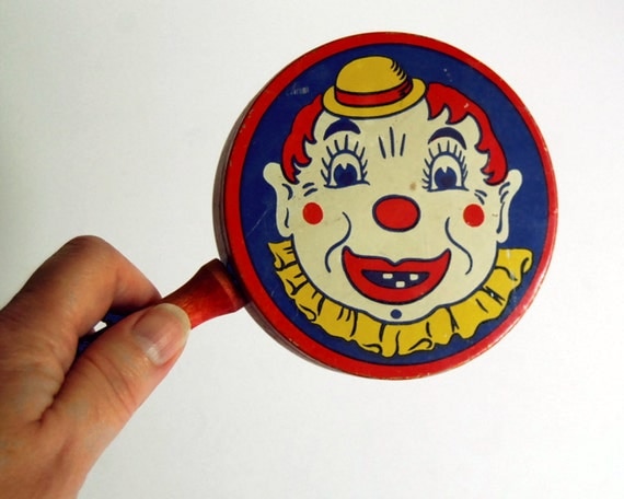 Vintage Noisemaker Kirchhof Tin Clown Toy, LIfe of the Party