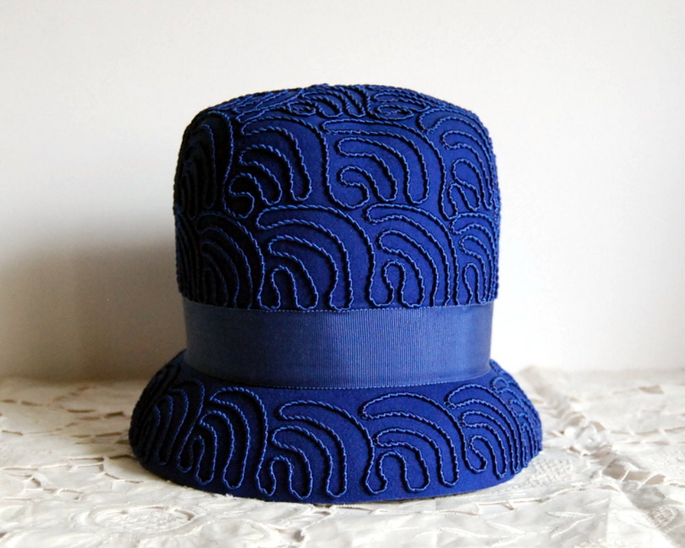 1960s Vintage Hat Mod Cloche Valerie Modes Cobalt Blue Wool