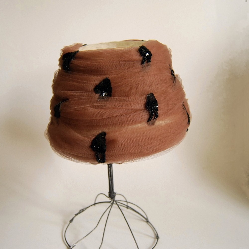 Vintage Tulle and Sequin Toque Hat by Luci Puci, circa 1950s to 60s