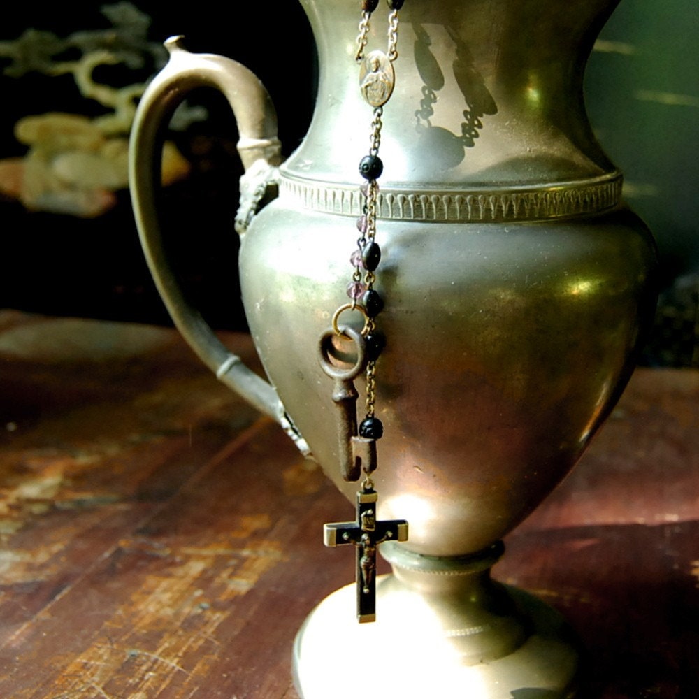 Vintage Rosary Button Necklace Key to the Kingdom Recycled Rosary Beads Jewelry