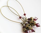 Sugar Skulls Earrings, Day of the Dead Swarovski Crystals Ruby Red, Dia De Los Muertos, Anitque Brass Extra Long