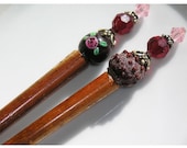 Hair Sticks, HairStyx Lampwork Candy Beads Swarovski Crystals, Koa Wood Sticks