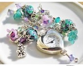Heart Watch Bracelet Lampwork Glass Beads Swarovski Crystals Sterling Silver