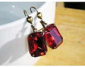 Earrings, Ruby Red Rhinestones VIntage Swarovski Antique Brass Heart Wires