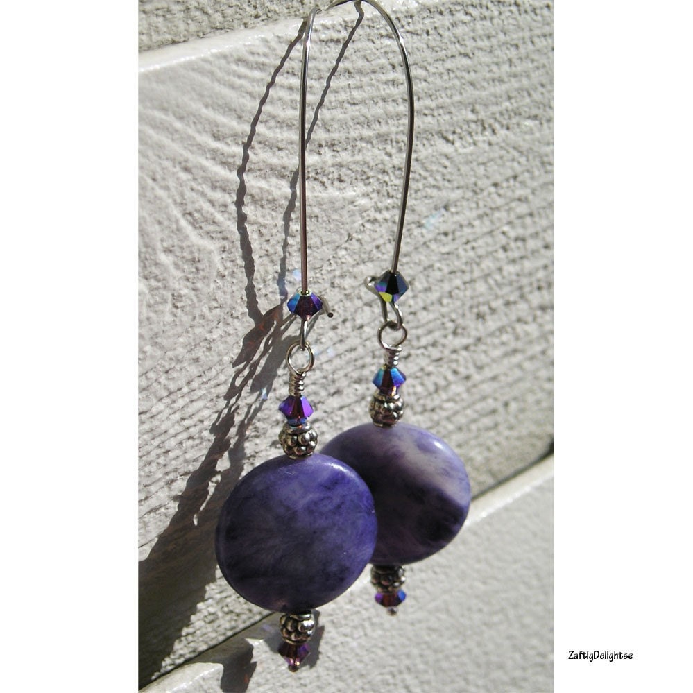 Earrings Purple Dyed Turquoise Coin Beads Extra Long Kidney Wires Swarovski Crystals