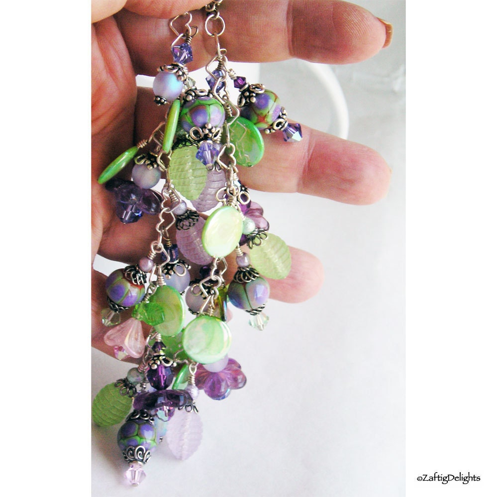 Charm Bracelet, Spring Flowers, Purple Lilac Mint Green, Lampwork Glass Beads, Vintage Lucite, Swarovski Crystals Sterling Silver